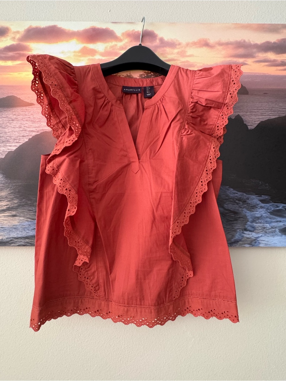Amaryllis Terracotta Ruffle Eyelet Sleeveless V- Neck Blouse/S/ NWT